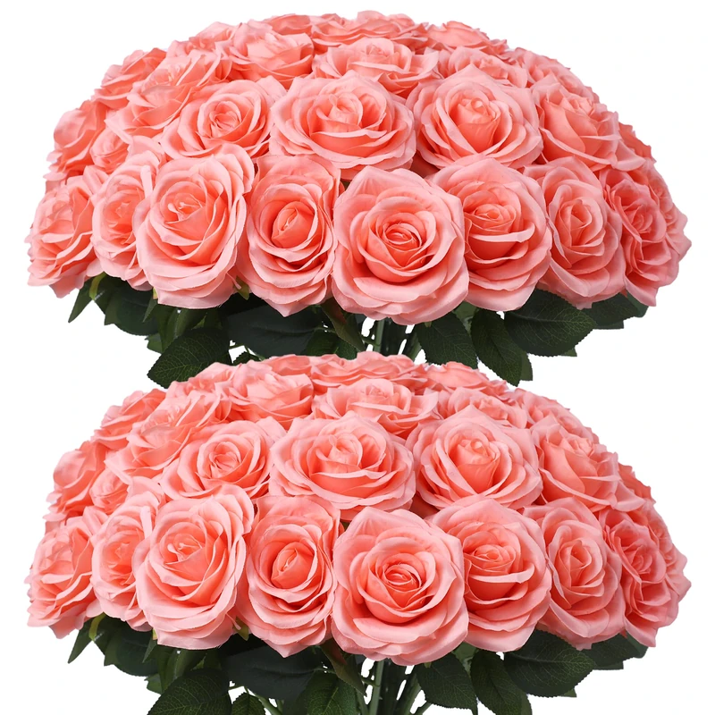 LVEFIT 50pcs Artificial Rose Flower Coral Peach Flower with Long Stem Silk Roses Bouquet for Wedding Bridal Shower Party Home Decoration