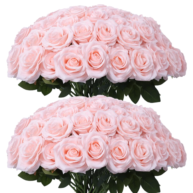 LVEFIT Artificial Rose Flower Blush Flowers Pink Roses Silk Flowers 50 pcs with Long Stem Silk Roses Bouquet for Wedding Bridal Shower Party Home Decoration