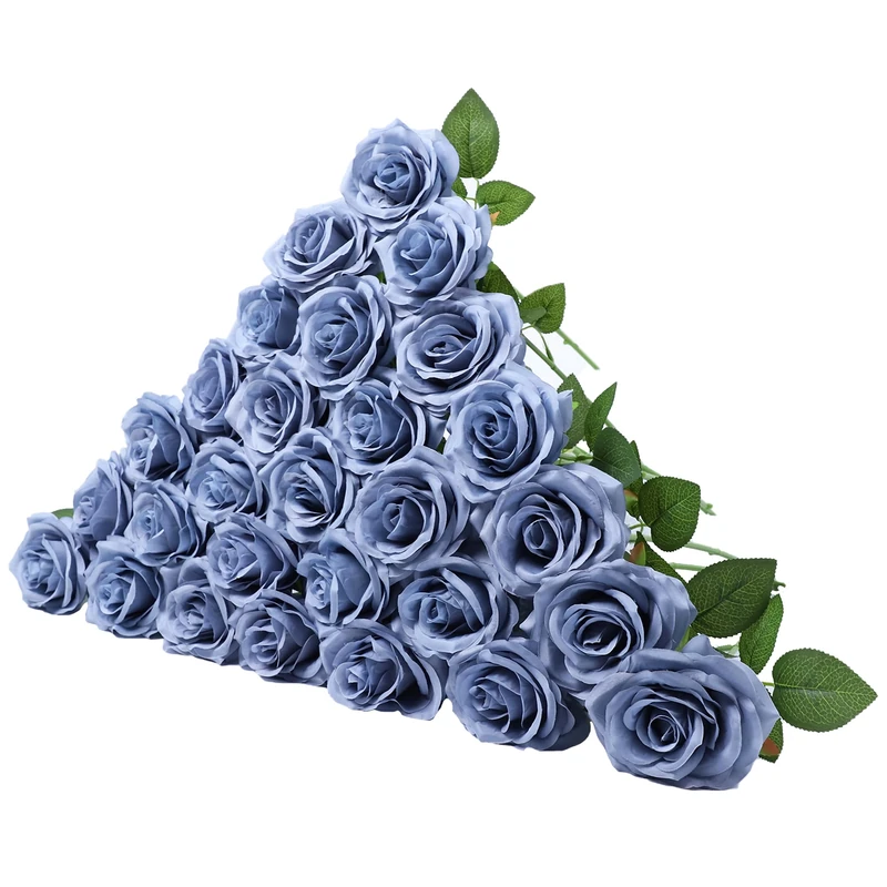 LVEFIT Artificial Rose Flower Dusty Blue Flowers Dusty Blue Roses Silk Flowers 30 pcs with Long Stem Silk Roses Bouquet for Wedding Bridal Shower Party Home Decoration
