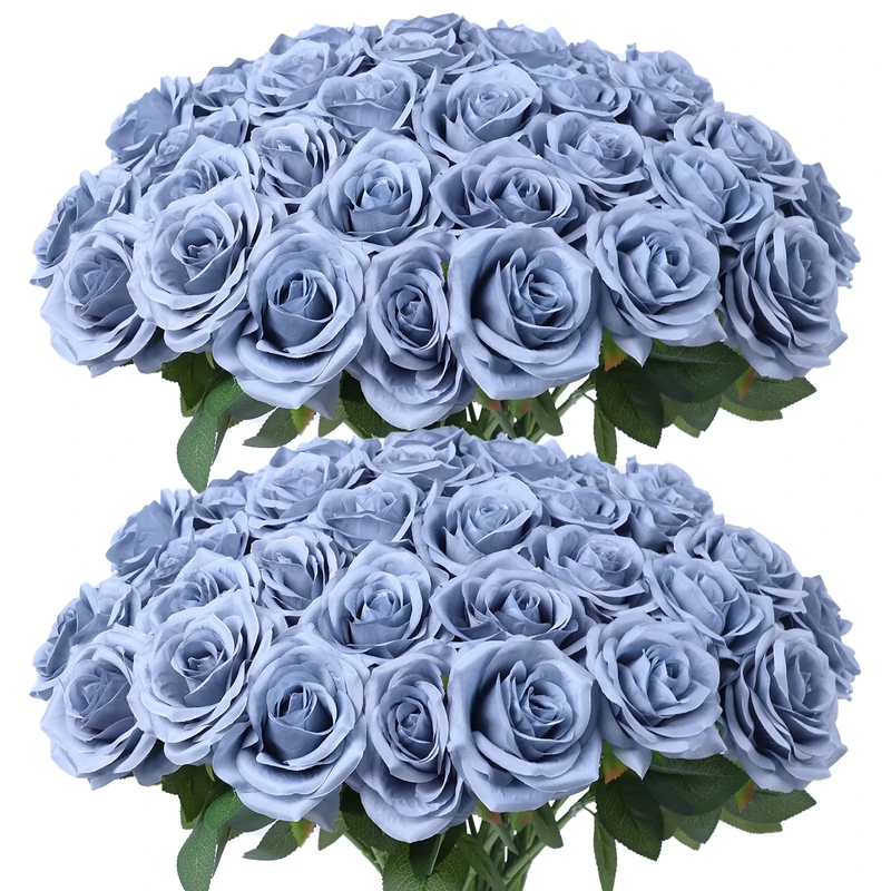 LVEFIT Artificial Rose Flower Dusty Blue Flowers Dusty Blue Roses Silk Flowers 50 pcs with Long Stem Silk Roses Bouquet for Wedding Bridal Shower Party Home Decoration