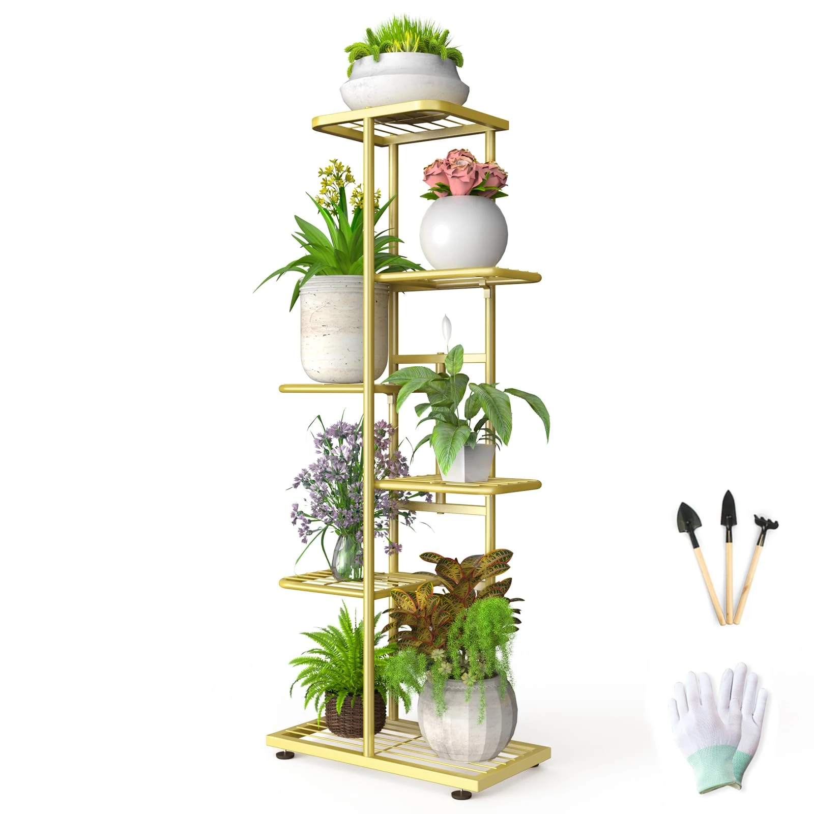 Metal Plant Stand Indoor Outdoor 6 Tier Plant Shelf with Gardening Tools and Gloves, 108cm Tall Flower Stand for Multiple Plants, Organizer Corner Shelf Unit Display Rack for Garden Patio Living Room