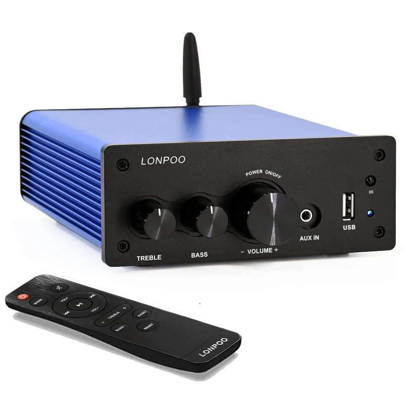 LONPOO Bluetooth Audio Amplifiers, 2.0 Channel Audio Frequency Amplifiers Mini Class D Integrated Amp for Bookshelf Speaker with Optical Port,Coaxial Jack,USB Playback,Aux-in,200 Watts RMS (Blue)