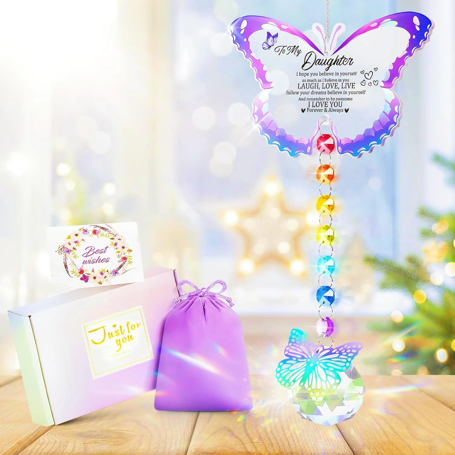 Focxoio Daughter Gifts from Mum Dad Crystal Butterfly SunCatchers, To My Daughter Birthday Christmas Graduation Gifts Present with Box and Message Card