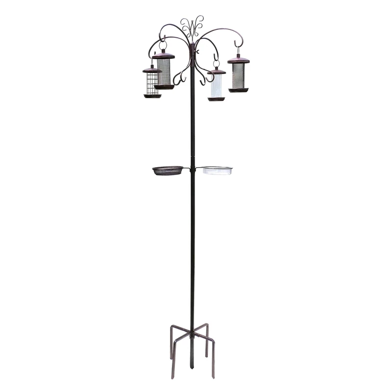 Honeyfield’s - Wild Bird Feeders Hanging Station, Bird Feeder Hanger with Eight Hooks, Free Standing Metal Pole with Stabilised Base, Four Victorian Hanging Feeders, Removable Food Tray and Water Bowl