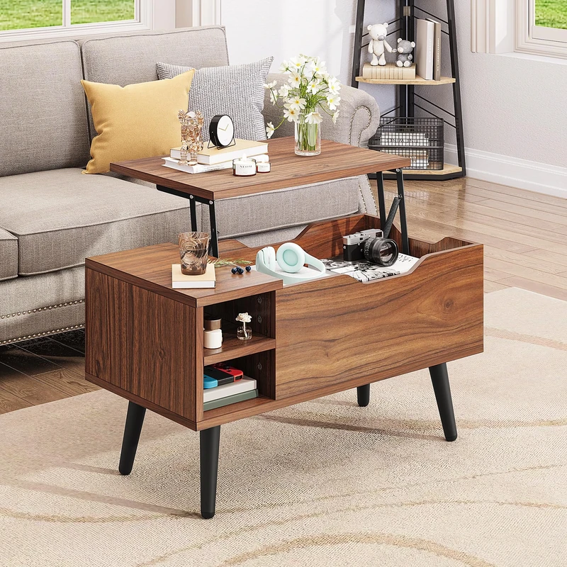 YITAHOME Lift Top Coffee Table with Hidden Compartment, Adjustable Storage Shelf, Spring Lifter, Coffee Table with Storage for Living Room, 80x40x61.5cm, Rustic Oak