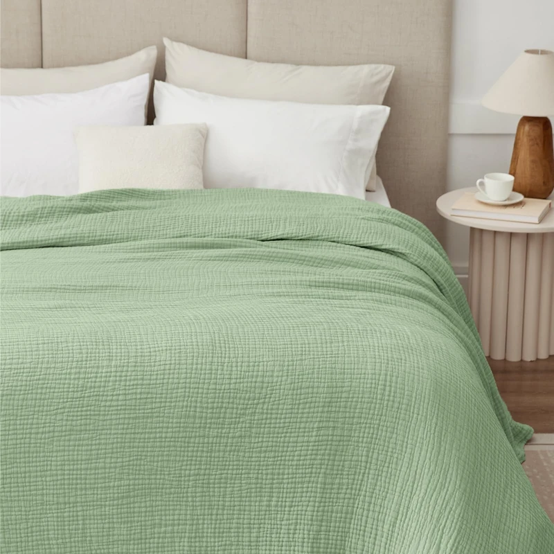 Kozyhvn 100% Cotton Muslin Blanket Twin XL 66" x 90", 6 Layers Cooling and Soft Twin Blankets for Bed, Lightweight Boho Coverlet Bedspread, Gauze Bedding for All Season, Sage Green