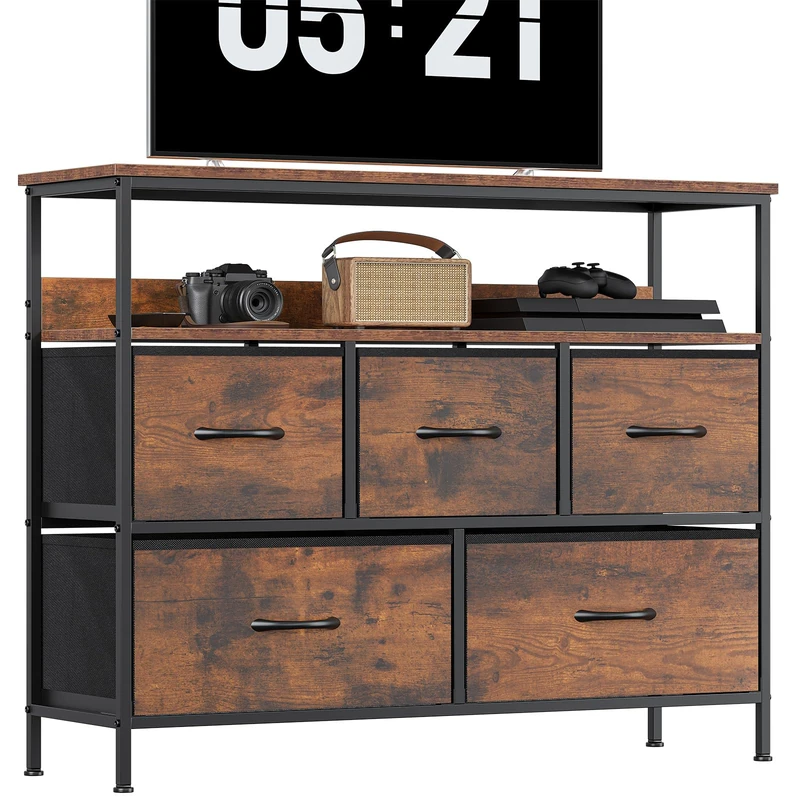 KU Syang 5-Drawer Chest of Drawers with TV Stand | Heavy-Duty Steel Frame & Scratch-Resistant MDF Top | Multi-Functional Storage Unit with Fabric Drawers for Bedroom & Living Room Hallway Rustic Brown