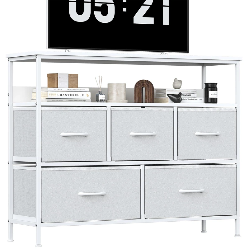 KU Syang 5-Drawer Chest of Drawers with TV Stand | Heavy-Duty Steel Frame & Scratch-Resistant MDF Top | Multi-Functional Storage Unit with Fabric Drawers for Bedroom & Living Room Hallway White