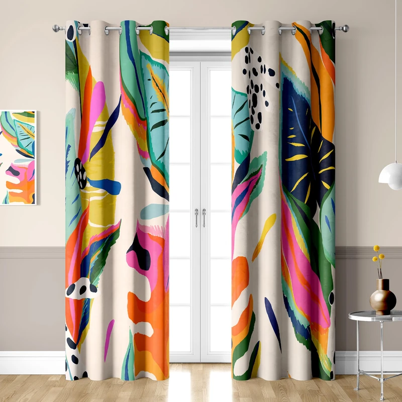 PAOPOED Boho Floral Abstract Black Out Window Curtains, Jungle Colorful Asthetic Modern Art Bohemian Decor for Bedroom, Living Room, Art Gallery Grommet Window Drapes 2 Panel Set, 52"x96"