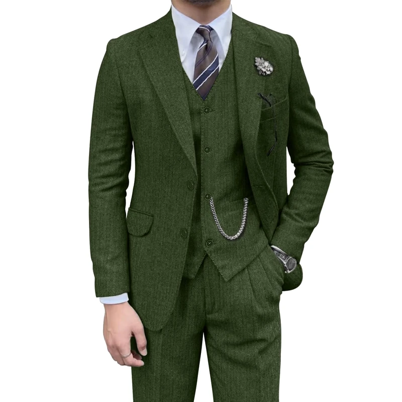 Retro Mens 3 Piece Suit Tweed Herringbone Slim Fit Suits Groomsmen Brown Tuxedos Set Prom Jacket Blazer Vest Pants for Men, Green, XL