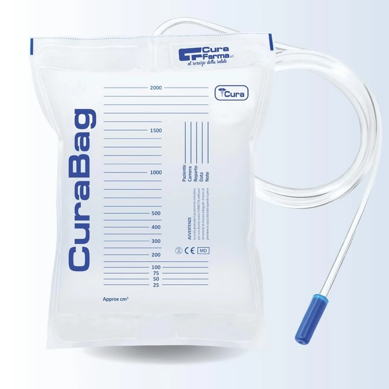 Bed Urine Bags 2 litres Latex-Free Tube 130 cm Without Drain Tap (200 Pieces) Urinary Drainage Bags with Anti-Reflux Valve - CURA FARMA