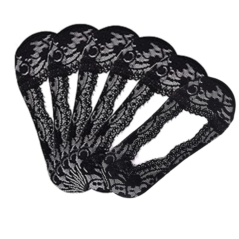 Women's Lace No Show Socks - 6 Pcs Non Slip Invisible Liners for Sneakers, Loafers, High-Heels and Boat Shoes (Black)