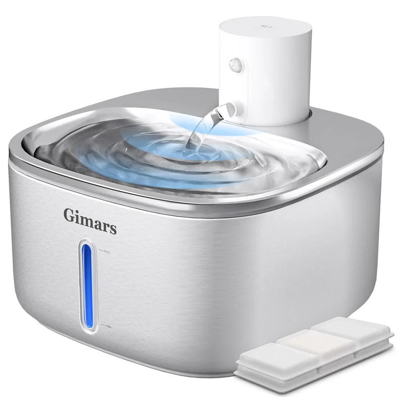 Gimars Wireless Stainless Steel 3.2 L Cat Fountain, Super Quiet Drinking Fountain for Cat with Motion Sensor 5000 mAh Battery Drinking Water Dispenser for Dogs W4-S1