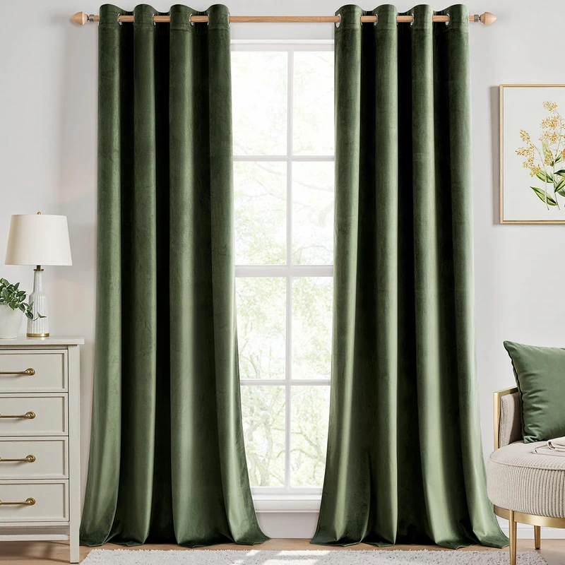 ANRODUO Olive Green Velvet Curtains 100 Inches Long Blackout Thermal Insulated Soundproof Curtain Privacy Room Darkening Curtains Grommet Window Drapes for Bedroom Living Room Set of 2
