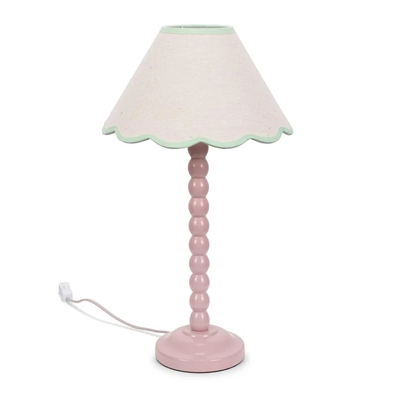 ValueLights | Rose Pink Bobbin Stem Table Lamp with Green Trim Scallop Shade | Home Décor, Bedside & Desk Lamp