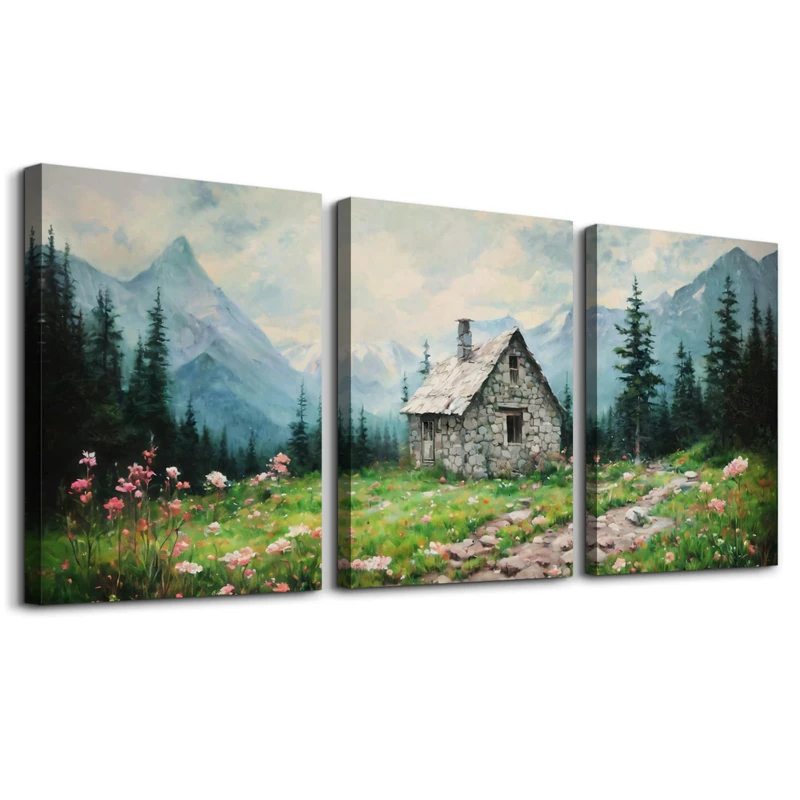 SERIMINO Nature Landscape Canvas Wall Art for Living Room, Forest Mountain Canvas Prints Paintings Room Decor, Cottage Meadow Wildflower Modern Farmhouse Wall Decor Set of 3, 20"X28"