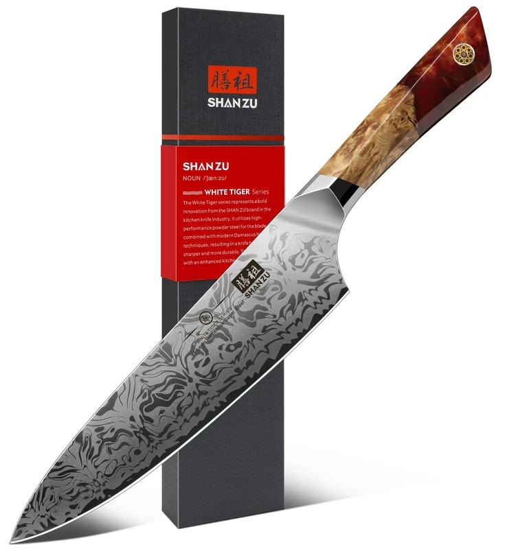 SHAN ZU Damascus Kitchen Knife, Japanese Chef's Knife Made of SG2 Powder Steel, Hand Forged 91 Layers of Damascus Steel Knife, 20CM Professional Utility with Maple Handle - White Tiger Series