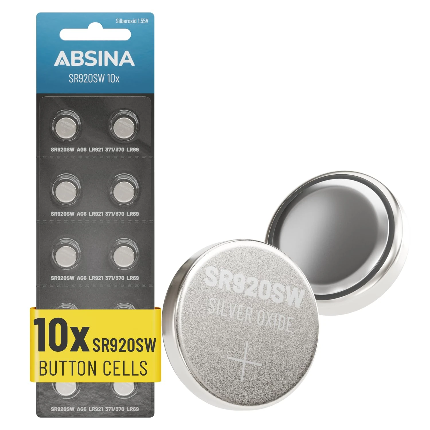 ABSINA 10x SR920SW watch batteries 1.55V silver oxide - leakproof & long-lasting 371 watch battery - SR920SW Battery LR921 /370 / LR69 / AG6
