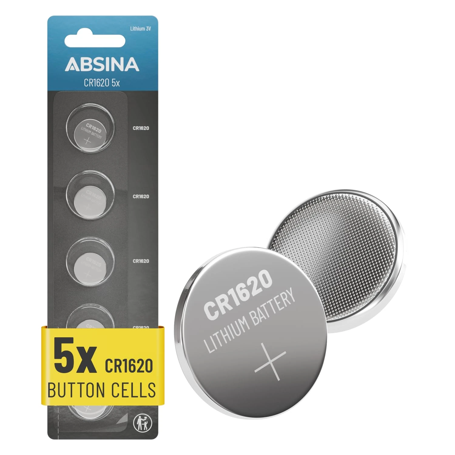 ABSINA 5x CR1620 battery car key 3V lithium - leakproof & long-lasting 1620 battery - 1620 car key batteries for watches & more