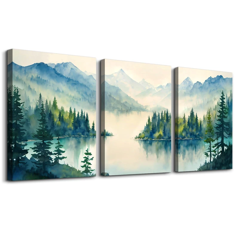 SERIMINO Nature Landscape Wall Art for Living Room, Green Forest Mountain Canvas Prints Paintings Room Decor, Lake Tree Cottagecore Modern Farmhouse Wall Decor Set of 3, 16"X24"