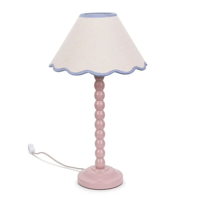 ValueLights | Rose Pink Bobbin Stem Table Lamp with Blue Trim Scallop Shade | Home Décor, Bedside & Desk Lamp