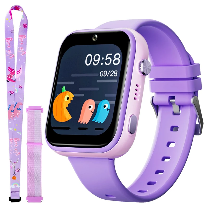 OKYUK T45 4G Children's Smartwatch With Sim Card, GPS Tracker, Video Calls, SOS, Camera, Pedometer for Boys and Girls Aged 3-12 (Purple)