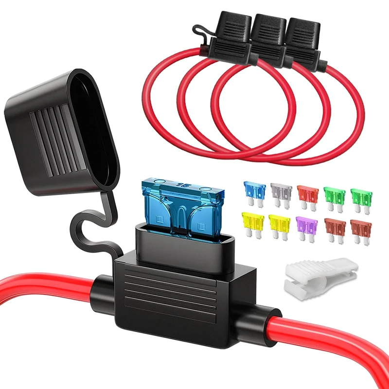 JOREST 3pcs 12AWG Standard Inline Fuse Holder, ATC/ATO Blade Automotive Fuse Holder for Car/Truck/Motorcycle + 10pcs Standard Fuses (10A 15A 20A 25A 30A 35A 40A) + Fuse Puller+ Tapes
