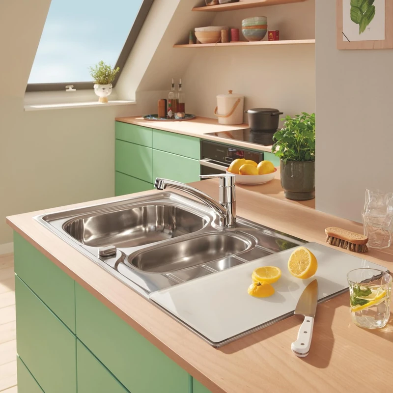 GROHE Kitchen Set of Start Eco Tap & K200 Sink & Chopping Board – (Stainless Steel Kitchen Sink 1.5 Bowl with Drainer 965x500mm, Chrome Low Spout Kitchen Mixer Tap, Glass Chopping Board White 450mm)