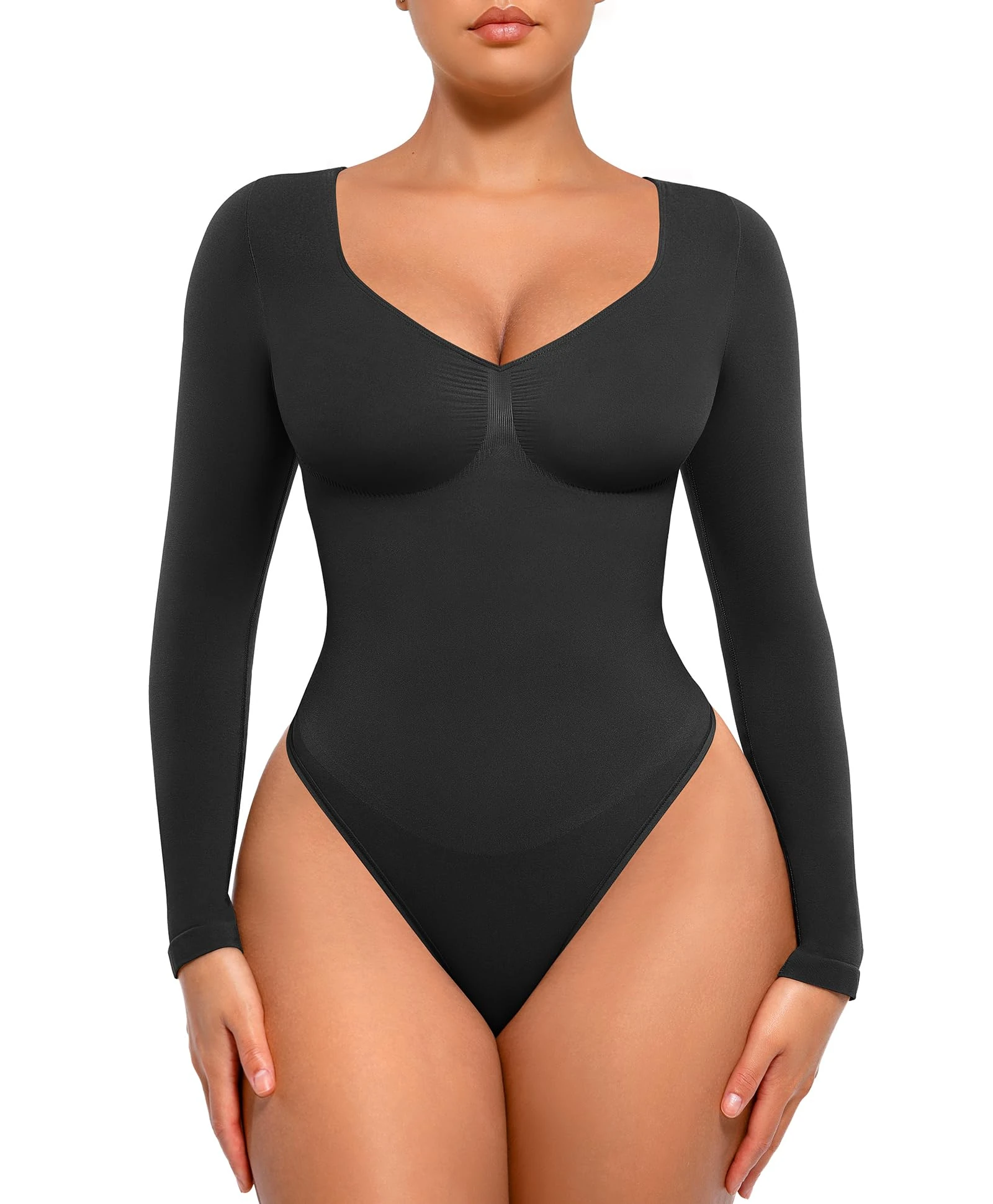 FeelinGirl Women's Tummy Control Bodysuit Shapewear Seamless Sculpting Body Shaper Thong V Neck Long Sleeve Full Coverage Black S