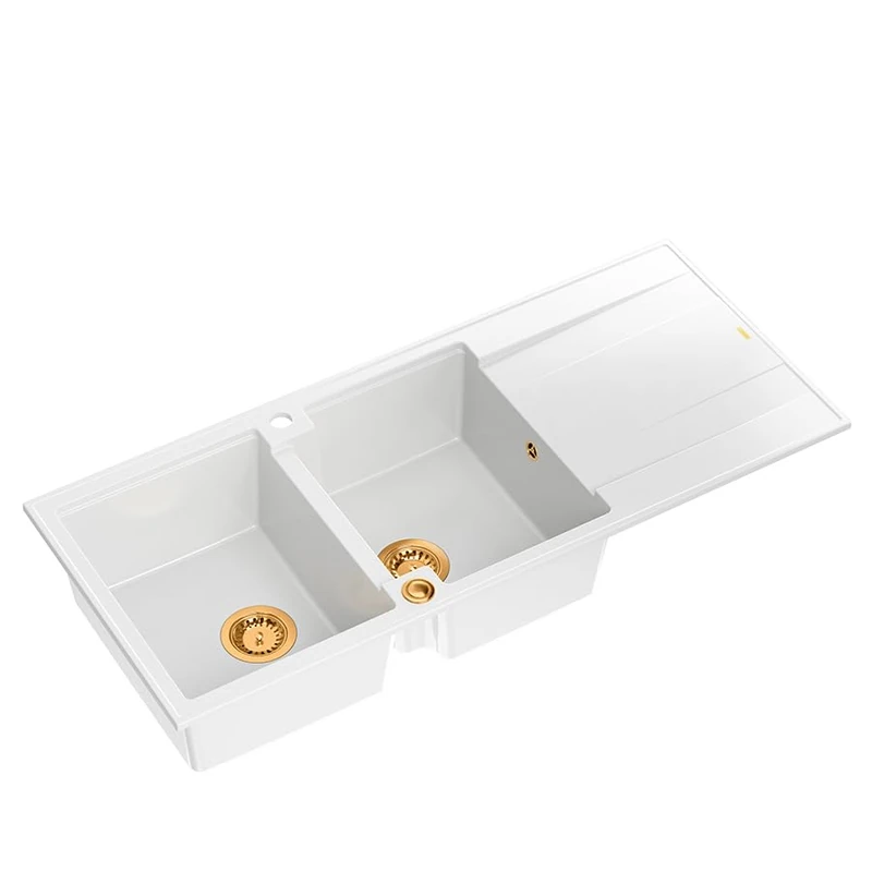 QUADRON Evan 121 GraniteQ Double Sink, White, Kitchen Sink, 2 Granite Basins, 1160 x 500 x 210 mm, Open Sink Push 2 with Siphon with Drainer, PVD Copper Elements