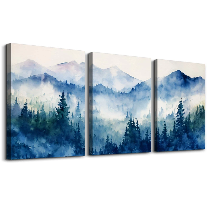 SERIMINO Nature Landscape Canvas Wall Art for Living Room, Forest Mountain Canvas Prints Paintings, Blue Modern Farmhouse Wall Decor for Bedroom Bathroom Set of 3, 16"X24"