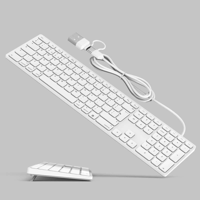 Wired Full-Size Keyboard for Mac OS with Foldable Keyboard Riser, Numeric Keypad, USB-A/USB-C Plug-N-Play, Compatible with Apple iMac, Mac Mini, MacBook