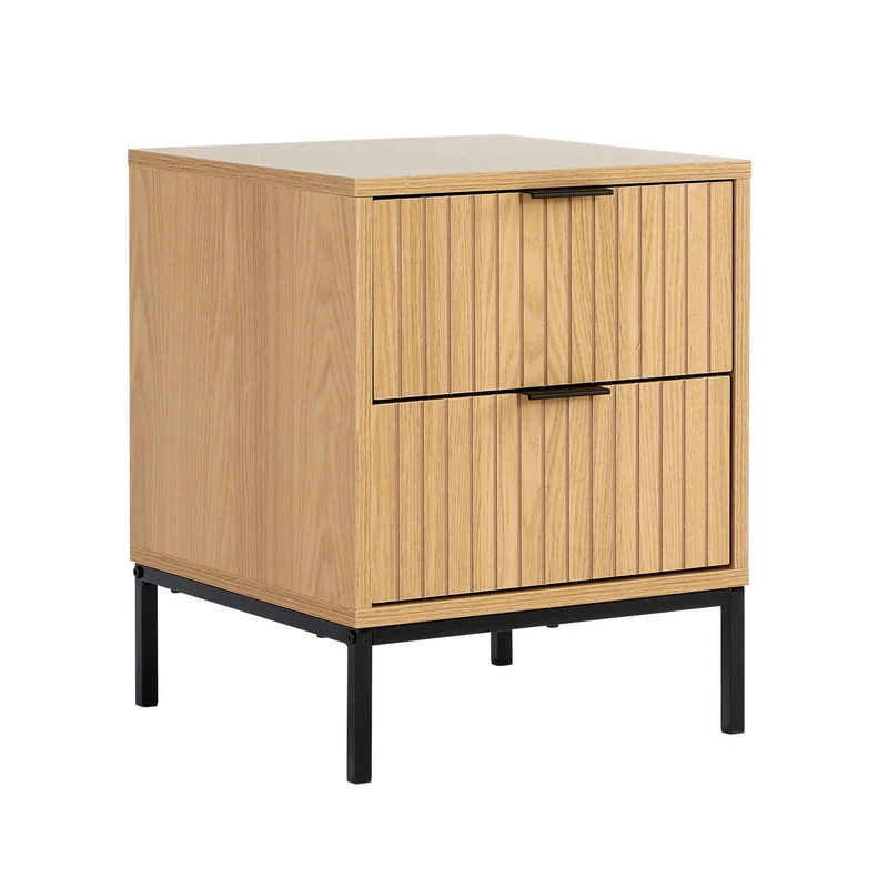 Home Source Bedside Table Nightstand, Wooden Finish Side Table, Black Steel Legs, 2 Drawer Bedroom Organiser, Natural