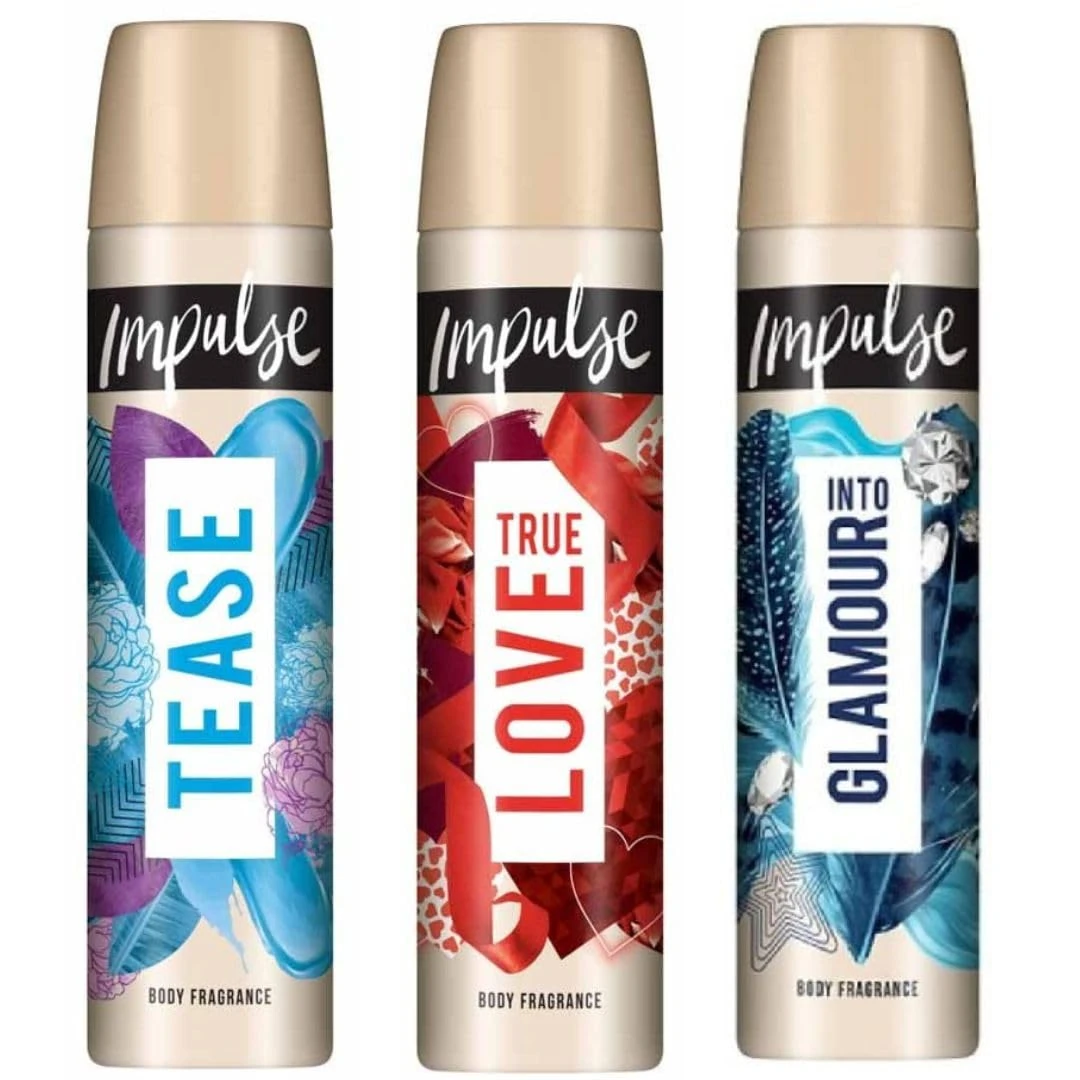 Impulse Variety Bundle Set Body Fragrance Spray 75ml (3 Pack - Tease, Glamour, Love)
