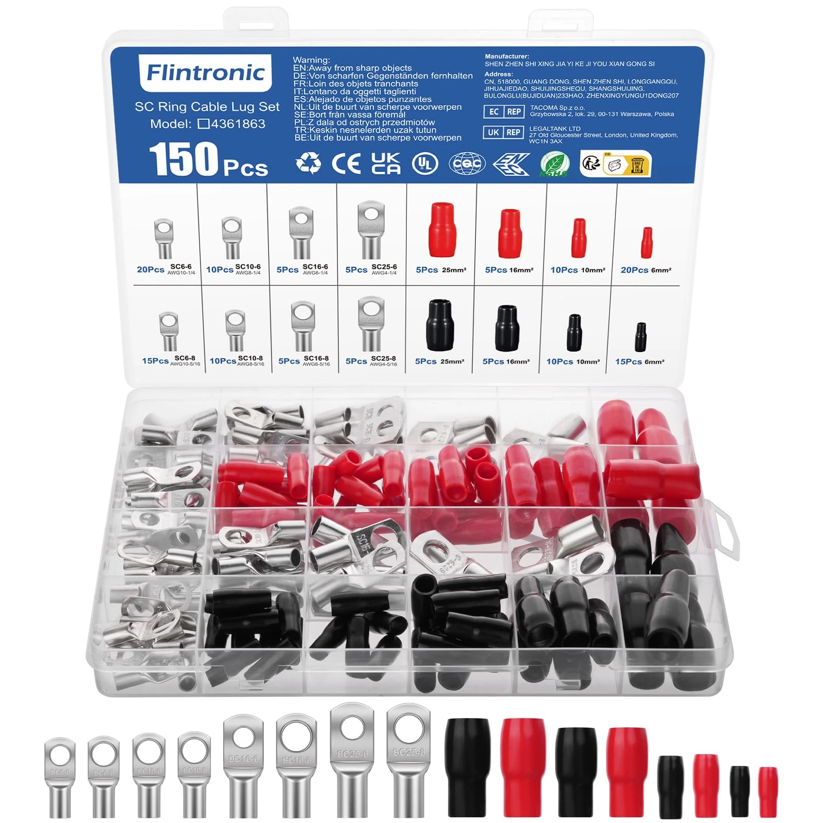 Flintronic 150Pcs Bolt Hole Tinned Copper Terminals Set, Battery SC Ring Terminal Connectors, Wire Crimp Connector, Battery Cable Ends Lugs, Crimp Terminals Connector Kit for Electric, Auto, Boat, Car