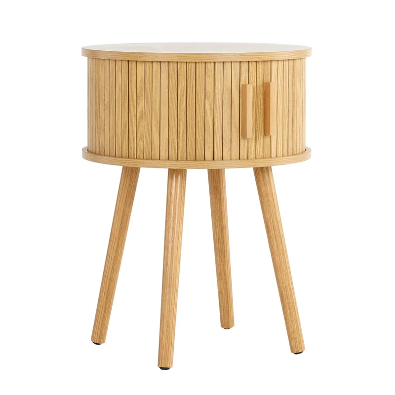 Home Source Round Bedside Table Wooden Nightstand, Compact Side Table Organiser with Hidden Storage Compartment, Natural