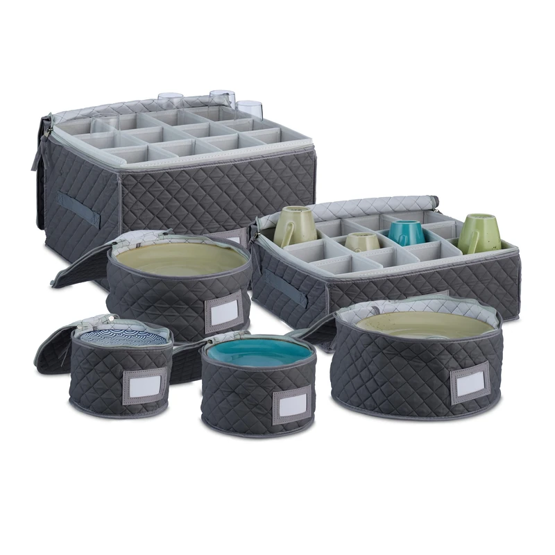 Relaxdays Crockery Storage Box, Set of 6 Pieces, Padded, Holds 12 Plates, Glasses and Cups Each, for Moving, Grey, Steel, 58 x 66 x 38 cm