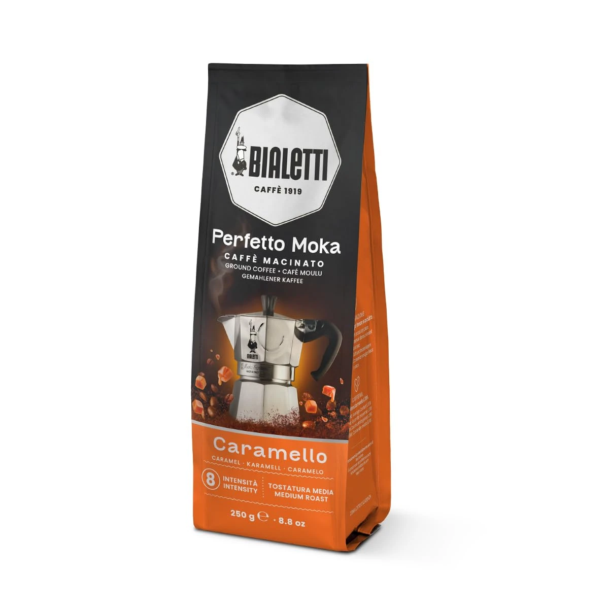 Bialetti Perfetto Moka Ground – Authentic Italian Roast for Moka Pots & Stovetop Brewers, Rich Aroma & Smooth Finish, Compatible with Aeropress, Cafetiere & Home Machines (250g, Caramel)