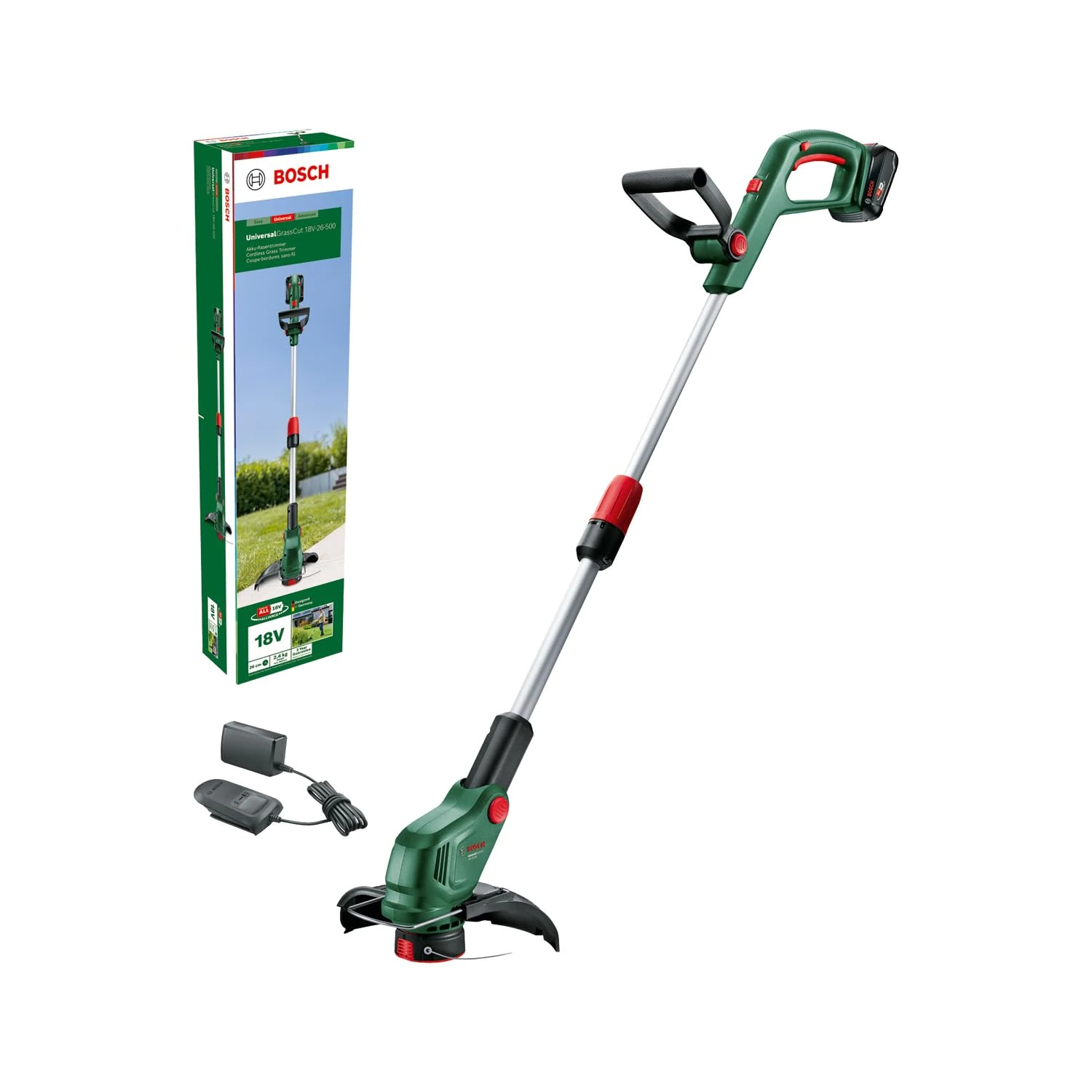 Bosch Home and Garden Cordless Grass Trimmer UniversalGrassCut 18V-26-500, for Grass Cutting and Edge Trimming, Charging Time 65 mins, Cutting Diameter 26 cm, 18 Volt System, with Battery and Charger