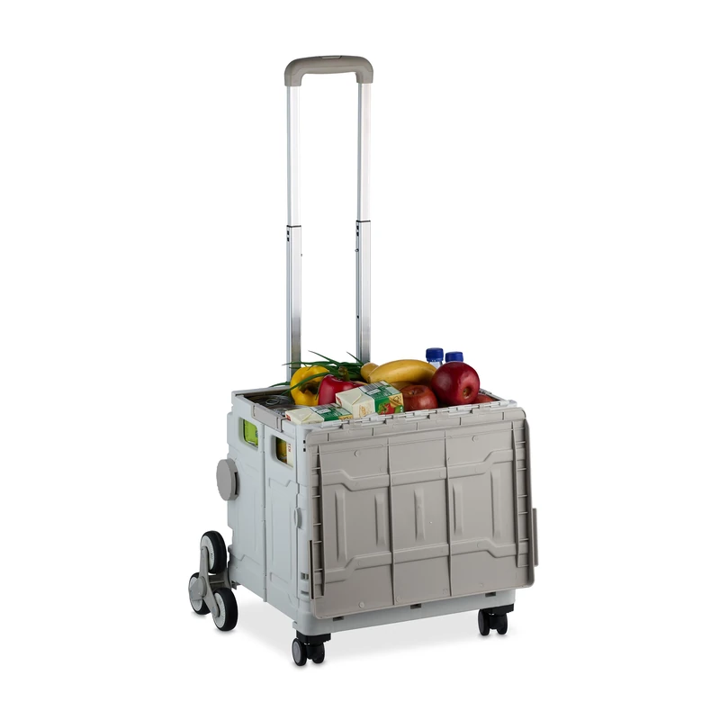 Relaxdays Shopping Trolley, Stair Climbing, Foldable, Up to 50kg, Telescopic Handle, Shopping Transport Cart, White/Grey