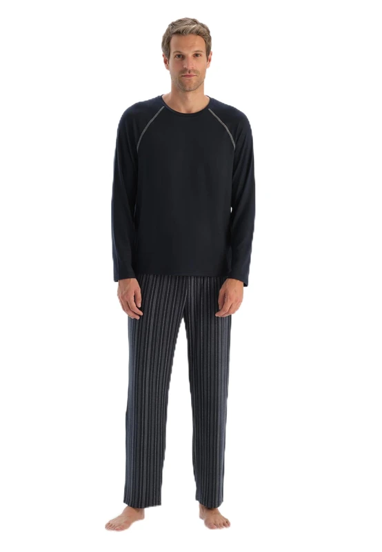 Dagi Men's Raglan Sleeve Detailed Pajama Set, Navy, M - Image 1