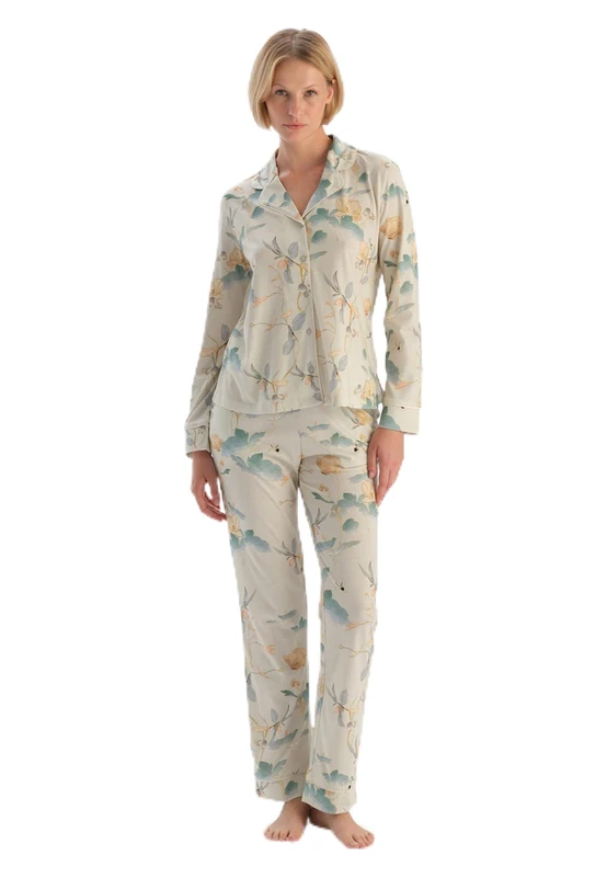 Dagi Women's Floral Patterned Shirt and Trousers Pajama Set, Mint Green, XXL