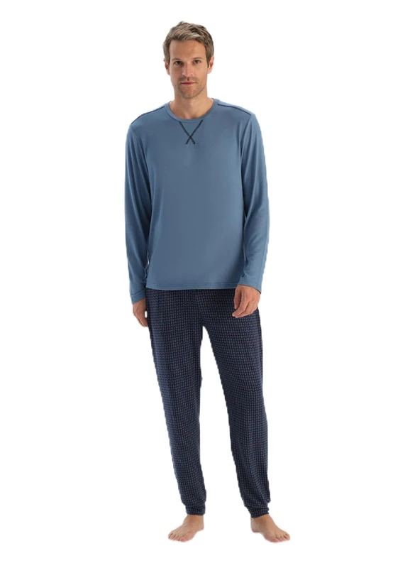 Dagi Men's Stitch Detail Long Sleeve T-Shirt Trousers Pajama Set, Blue, S