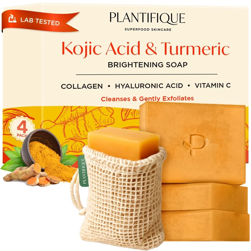PLANTIFIQUE Kojic Acid Soap with Turmeric - 4 Pack with Mesh Bag - Face & Body Cleanser Bars with Hyaluronic Acid, Collagen & Vitamin C – Gentle Exfoliating Vegan Skincare, 320 g