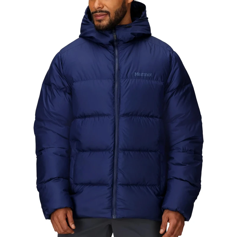 Marmot Men's Guides Down Hoody, Lightweight down jacket, warm winter puffy, water-repellent quilted coat, windproof functional jacket, packable outdoor jacket with hood, Arctic Navy, S