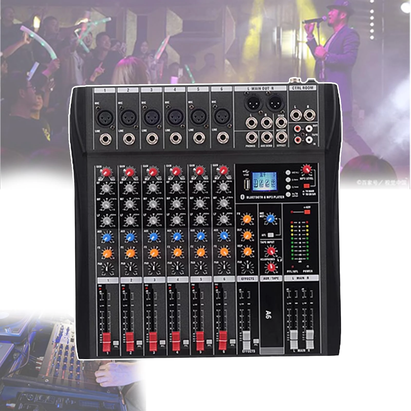 PLABNK Studio Mixing Desks, 6/8/12/16 Channels, Compact Audio Mixer, Bluetooth/USB/DJ Sound Mixing Console, Monitor Amplifier, with 3-band Equalization, for Stage Performances,Route 6