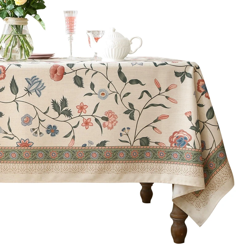 ISAENNE Designer Chinoiserie Linen Floral Extra Long Tablecloth Rectangle,White Wrinkle Resistant Table Cloth,Elegant Decor Tablecloths for Dining Thanksgiving Kitchen Party,67"*118"-Daffy