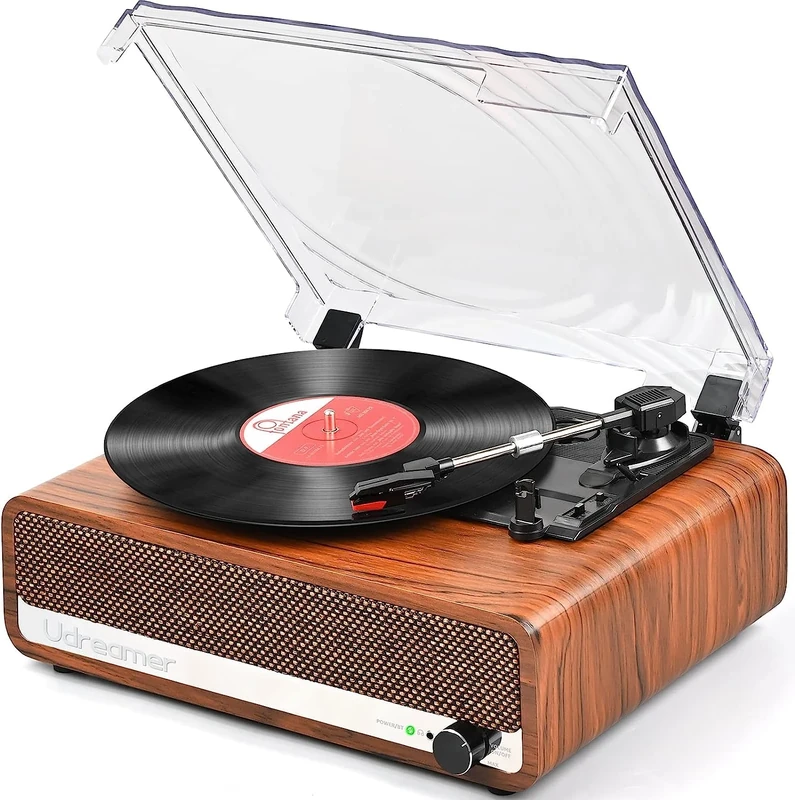 Udreamer Record Player with Speaker Bluetooth Turntable Vintage Vinyl Player Support USB AUX-in Headphone RCA Line-Out 3 Speed Belt-Driven Auto-Stop Mirror Design Brown