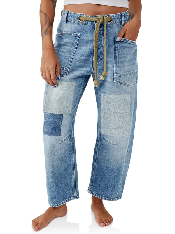 PLNOTME Womens Baggy Barrel Horseshoe Jeans Wide Leg Patchwork Low Rise Denim Pants with Pockets, Light Blue, 14