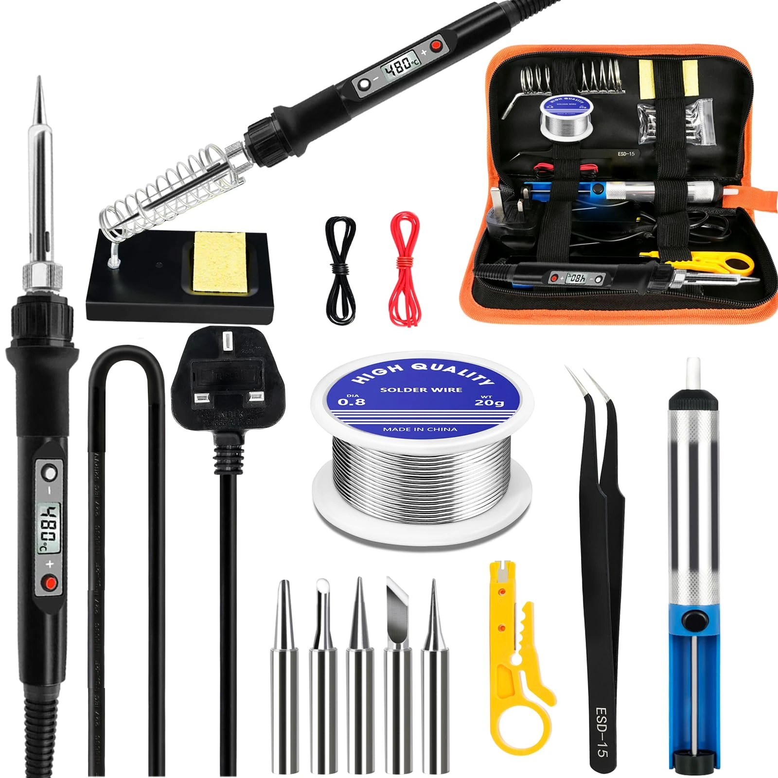 Soldering Iron Kit, 80W LCD Adjustable Temperature 180-520°C, 13 in 1 Electric Soldering Iron Kit Welding Tool, 5 Soldering Tips, Desoldering Pump, Wire Stripper Cutter, Stand, Tweezer